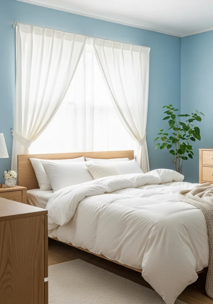Soft sky blue accent wall bedroom with white bedding and light wood furniture creating a bright and calming space