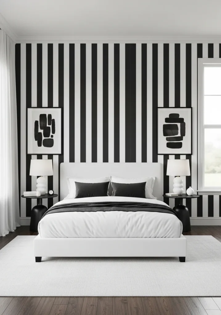 Bedroom with black and white striped wallpaper.