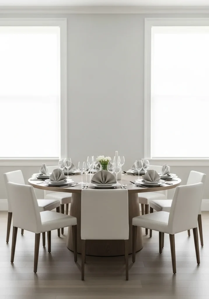 round dining table with neutral tableware setup