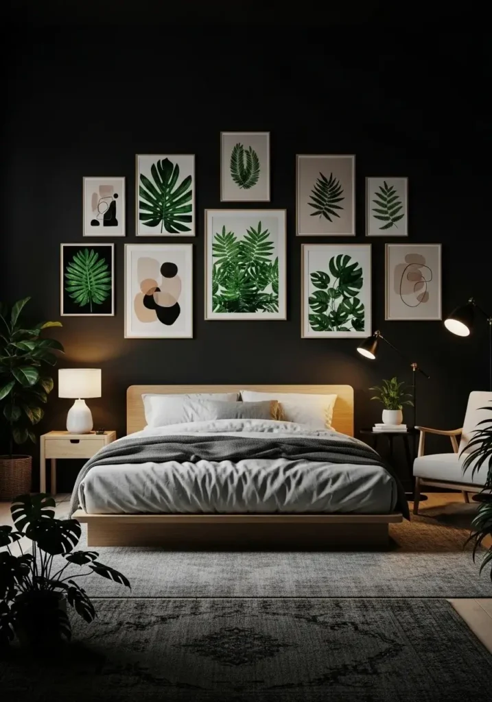 Black walls with green artwork create a stylish, gallery-inspired bedroom.