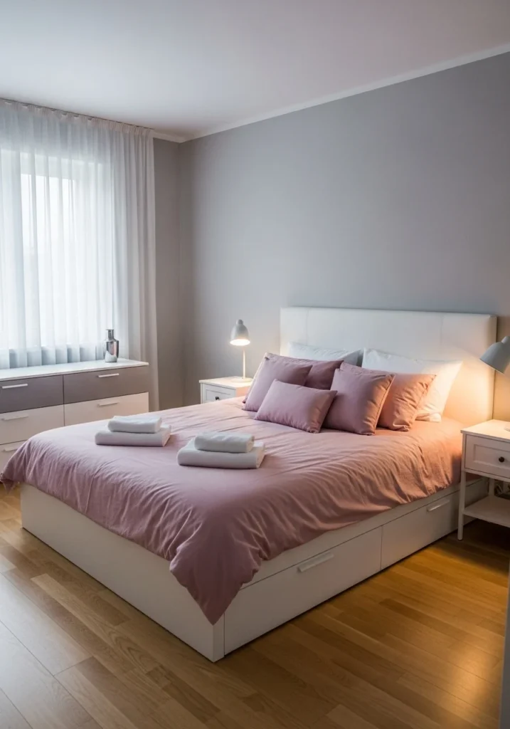 Gray bedroom with pink bedding, neutral furniture, and cozy pink accents.