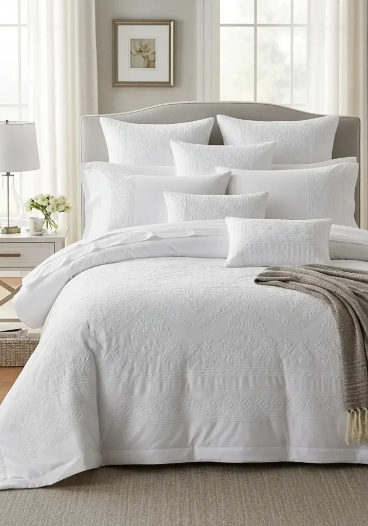 White patterned bedding adding depth and elegance.