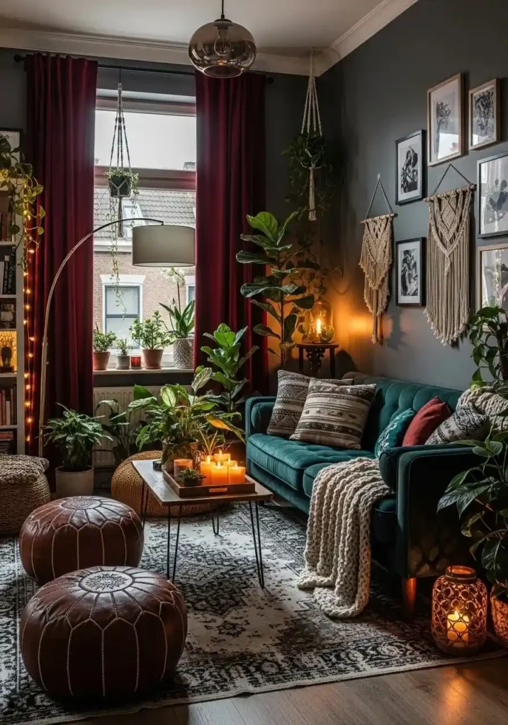 dark curtains in boho living room