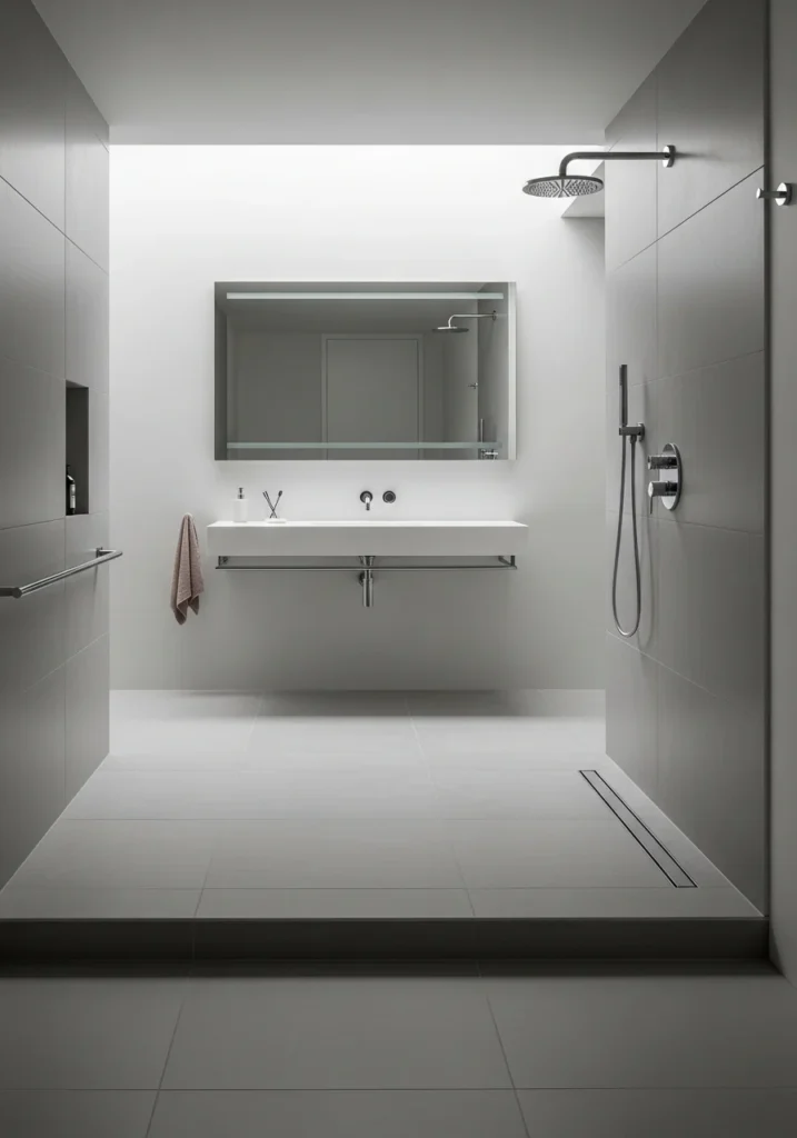 Curbless shower with seamless flooring for a modern and accessible bathroom