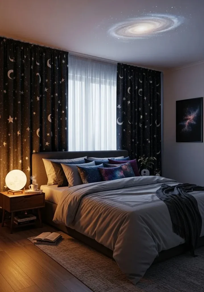 Space themed bedroom with starry night curtains and cozy lighting.