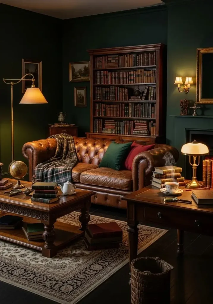 Dark green walls with warm lighting and vintage furniture in a cozy academic living room.