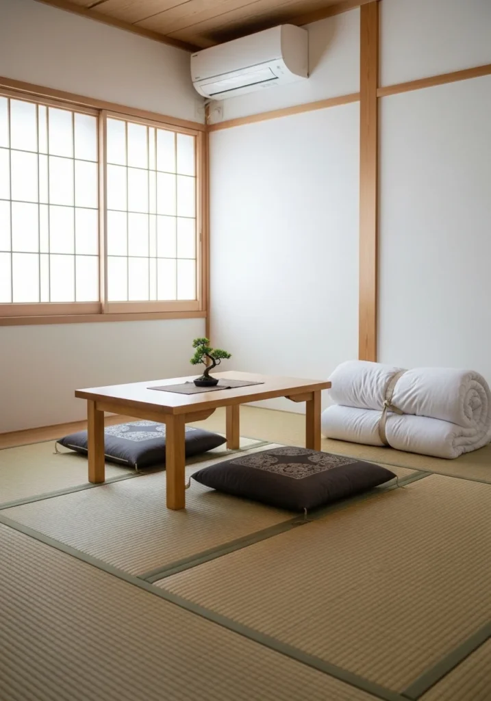 Futon bedding on tatami mats in a Japanese-style bedroom