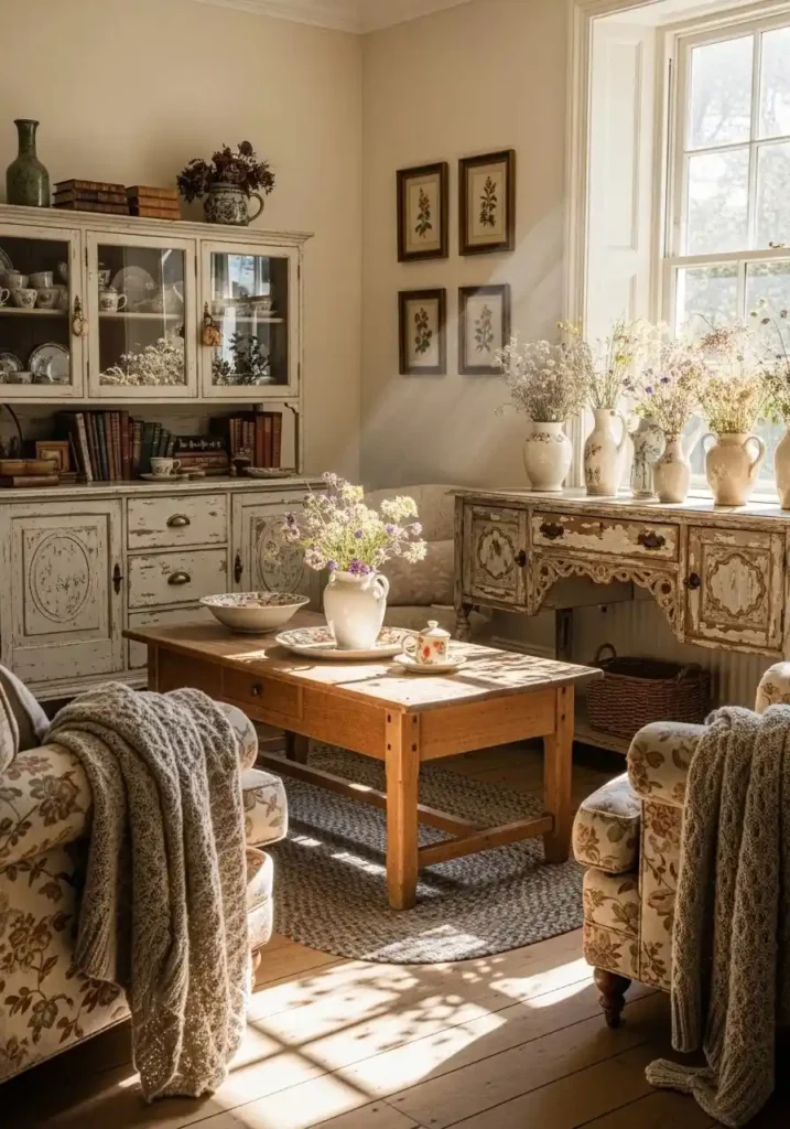 Cottagecore living room featuring rustic vintage wooden furniture