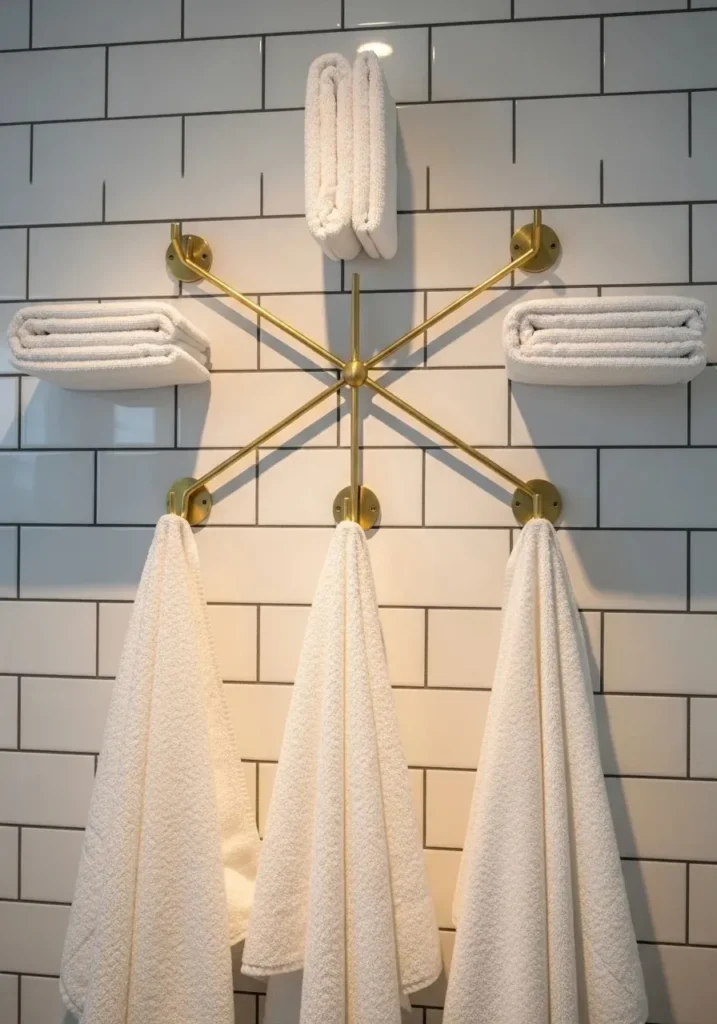 Decorative bathroom hooks with towels.
