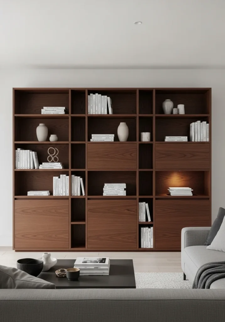 Built-in shelving with concealed storage in contemporary living room.