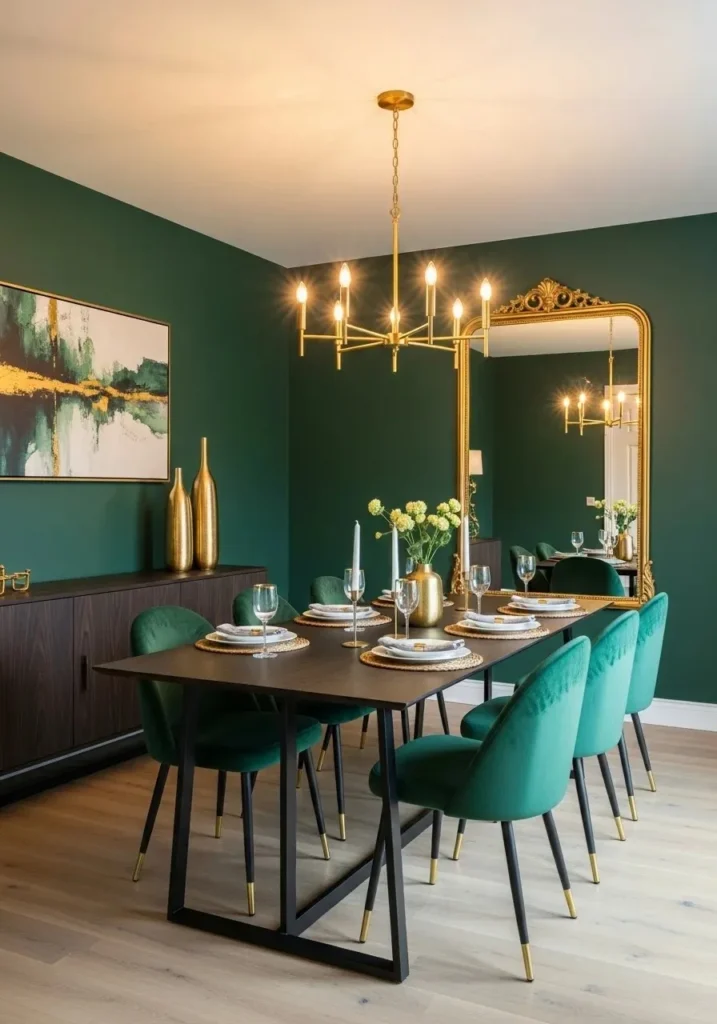 green and gold dining room interior design