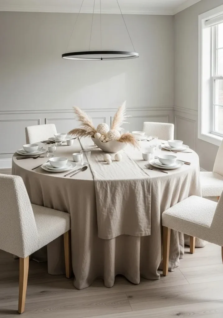 round dining table with layered linens and soft textures