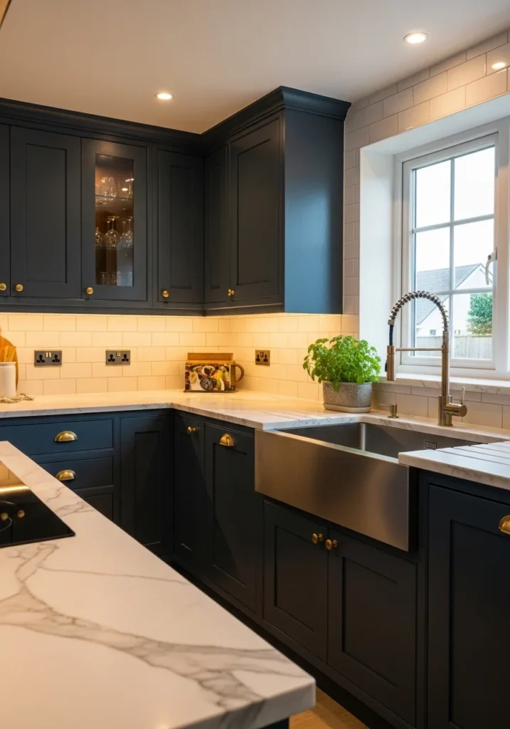 Navy blue kitchen cabinets with brass hardware and white marble countertops.