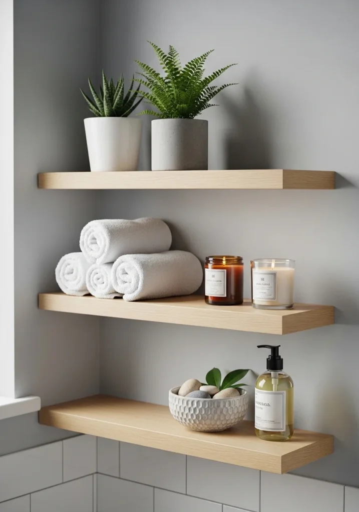 Floating bathroom shelves with decor.