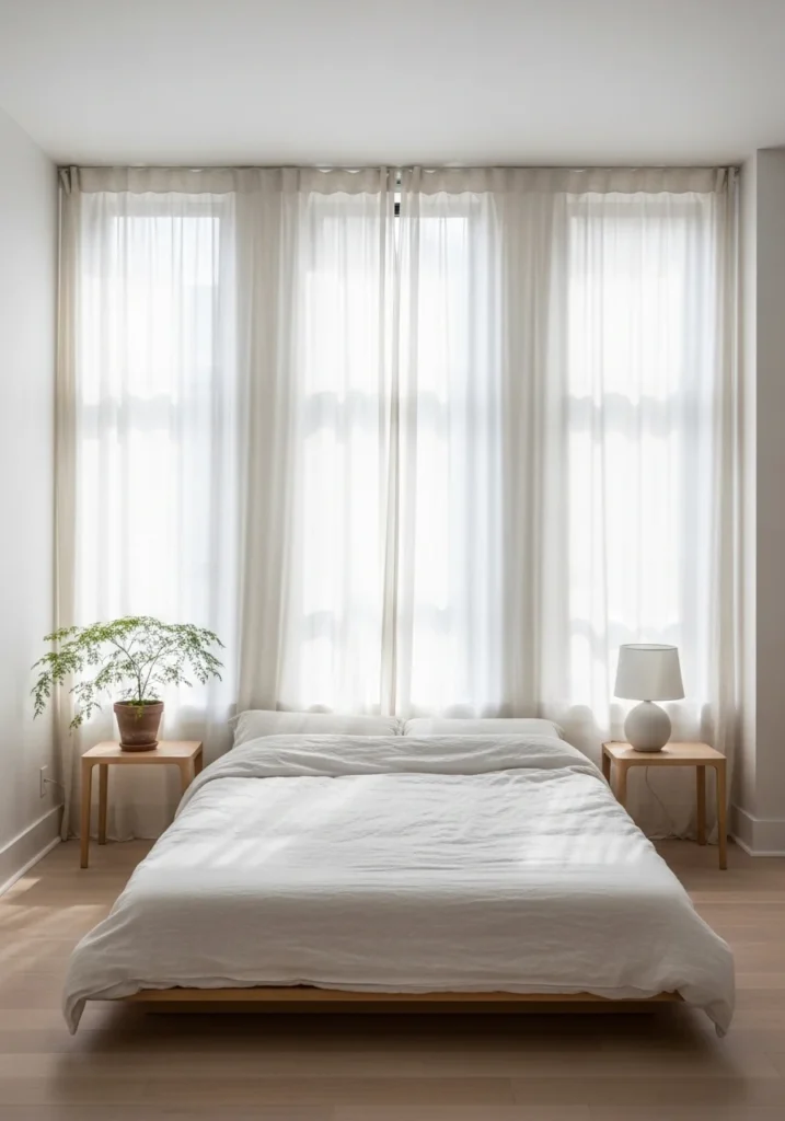 Sheer white bedroom curtains letting soft sunlight in.