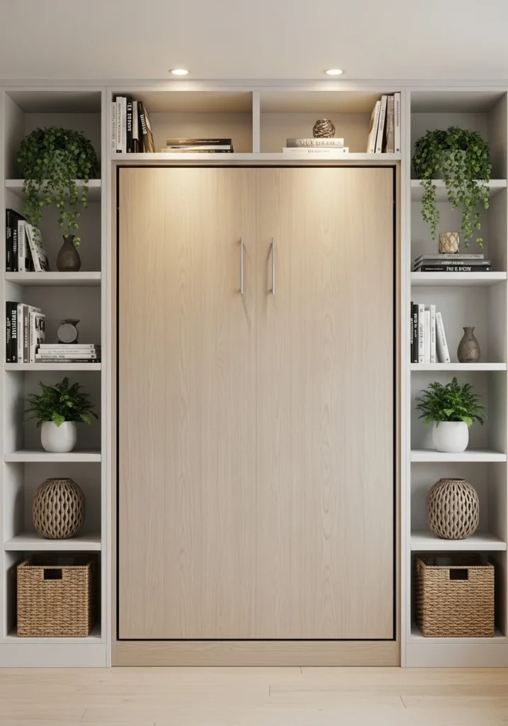 Built-in Murphy bed with surrounding shelving, styled with books and decor for a clean, functional look.