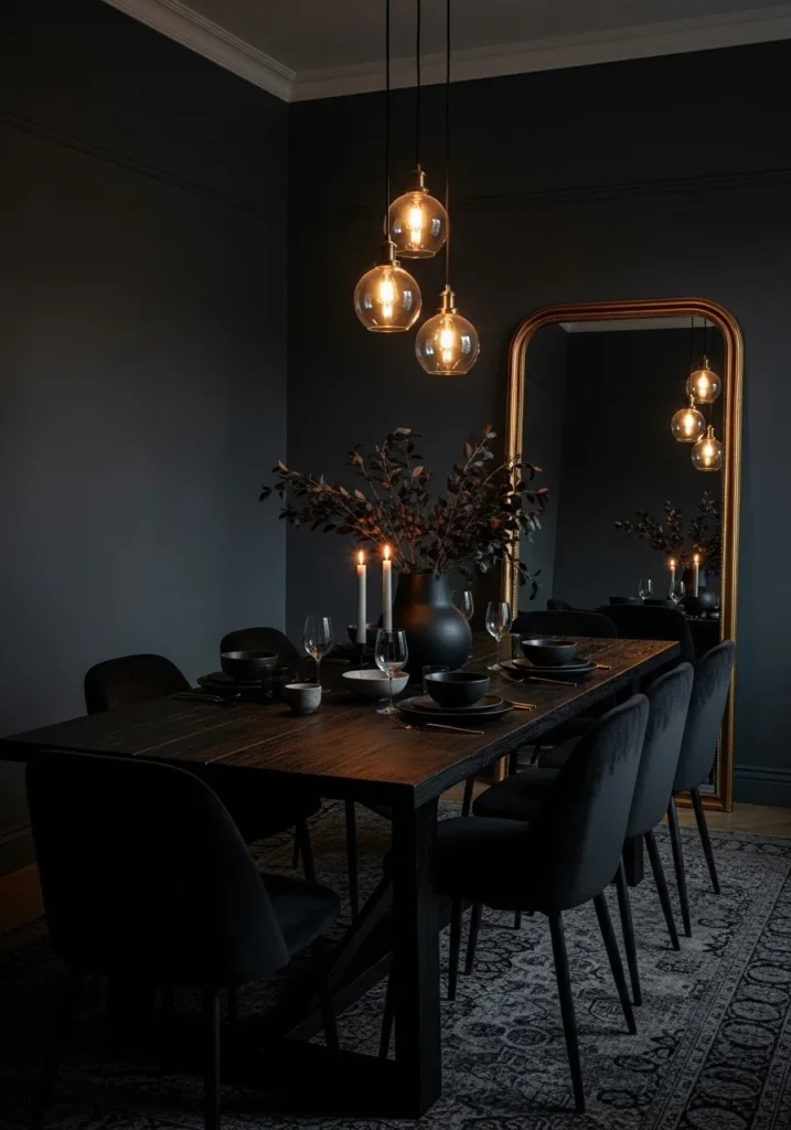 moody dining room with charcoal walls