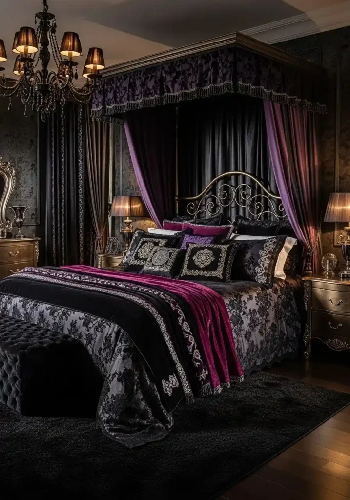 Layered dark bedding with velvet, lace, and metallic accents in a whimsigoth bedroom.