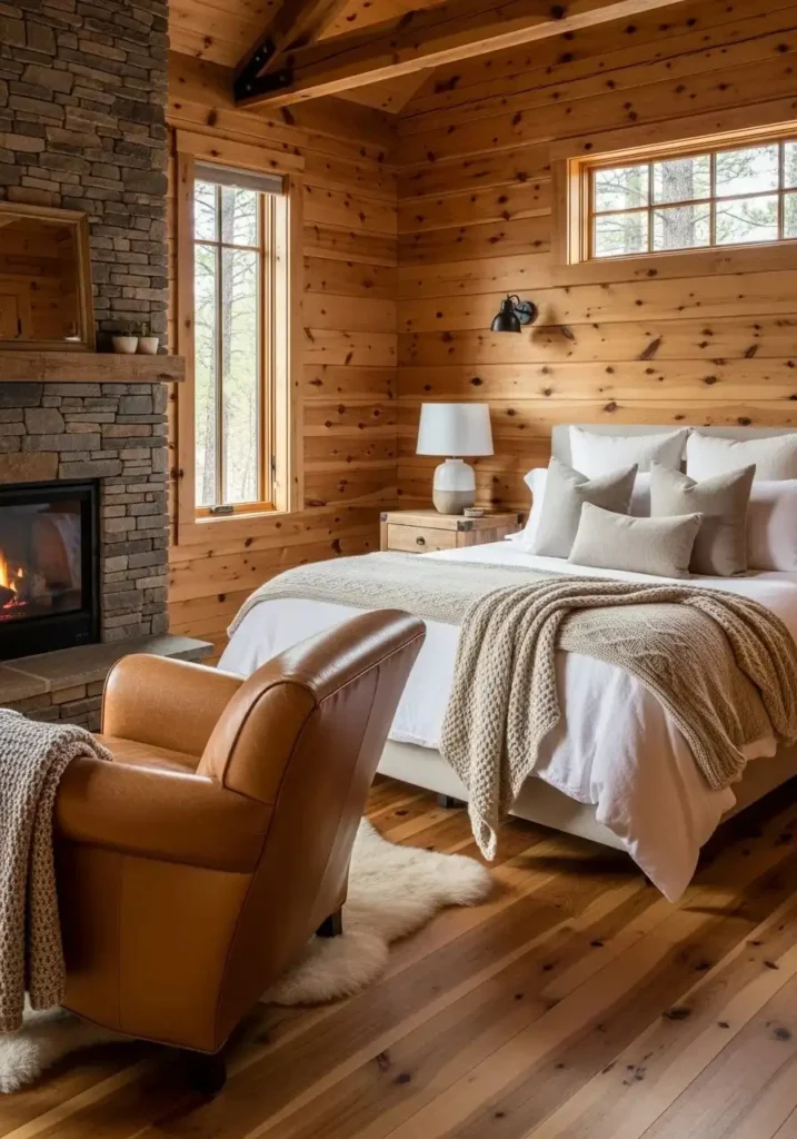 Leather accents in a cabin bedroom add warmth, richness, and a touch of rustic elegance.