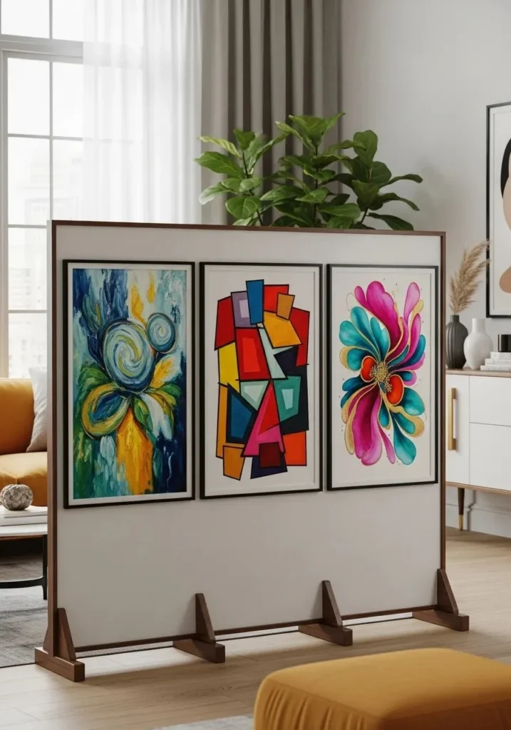 Art-filled partition dividing open space