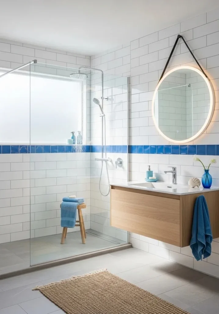 White subway tiles with coastal twist creating a fresh bathroom look