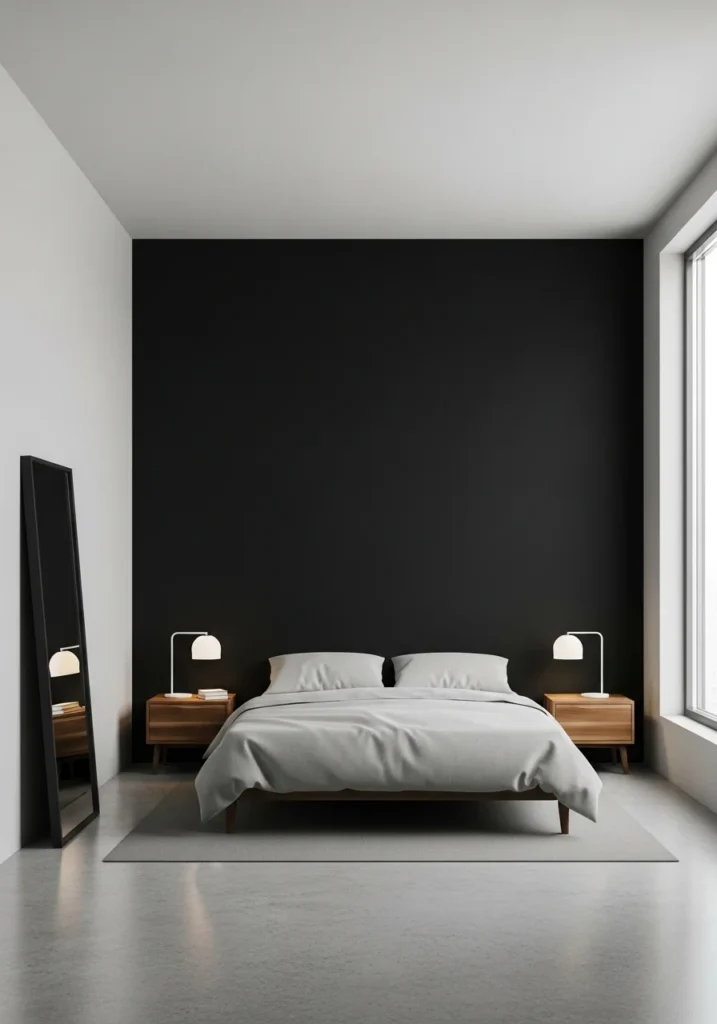 Minimal black accent wall bedroom with clean and modern styling