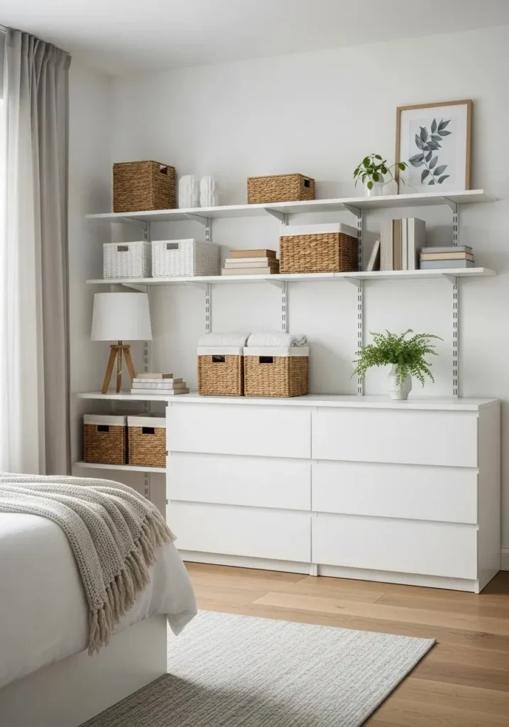 White bedroom storage blending seamlessly.