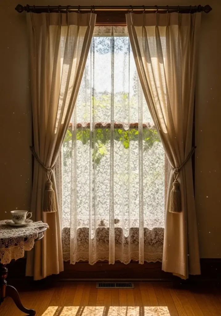 Layered classic curtains in a vintage living room