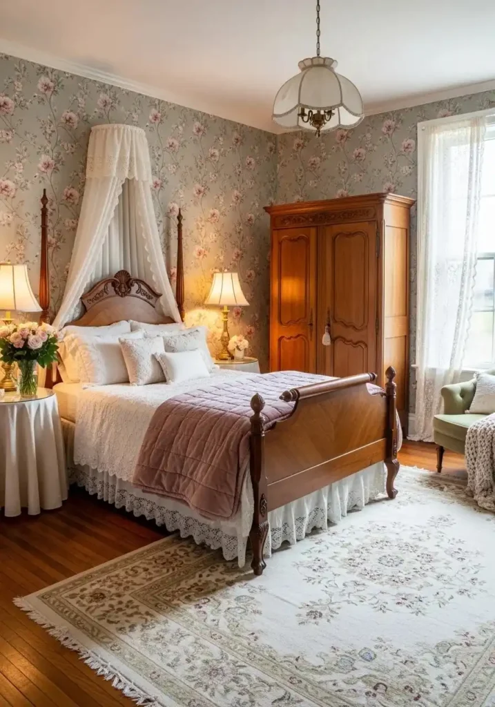 floral wallpaper antique bedroom soft romantic design
