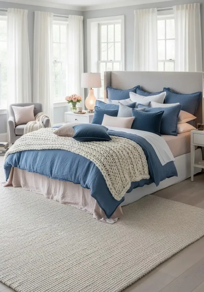 Layered decorative pillows in french blue and complementary colors on a neatly made bed
