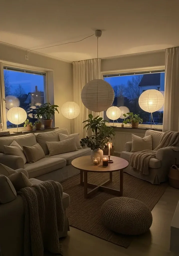living room with soft diffused lighting using paper lamps and warm glow
