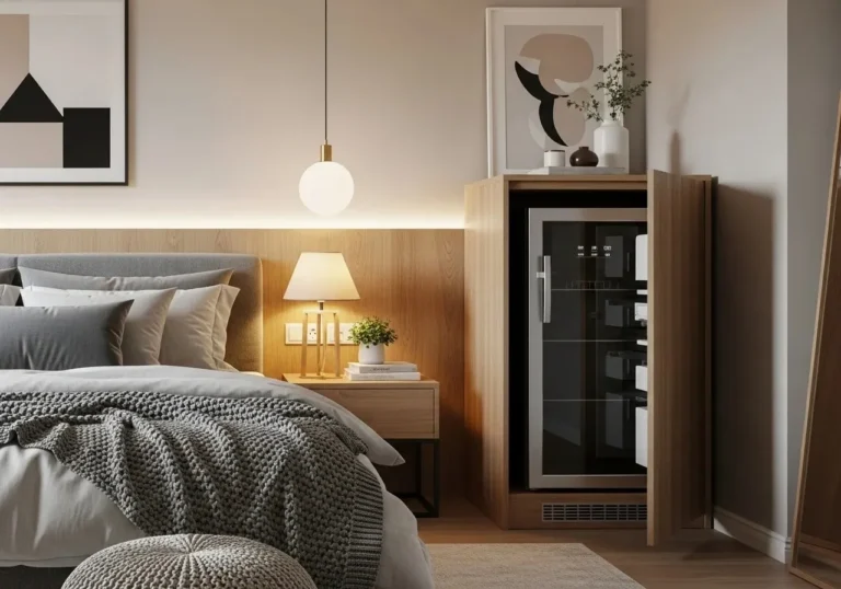 mini fridge in bedroom ideas with cozy modern aesthetic and soft lighting