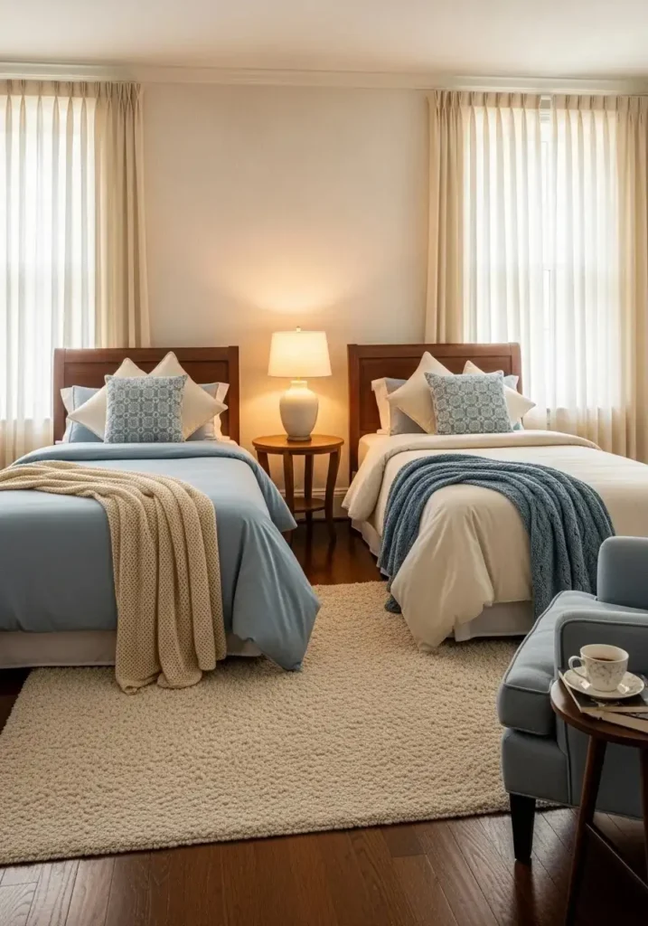 Layered bedding on twin beds creating a cozy and inviting guest bedroom.