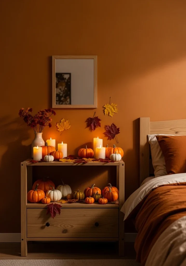 Dresser styled with mini pumpkins, candles, and dried leaves for a festive Halloween bedroom look