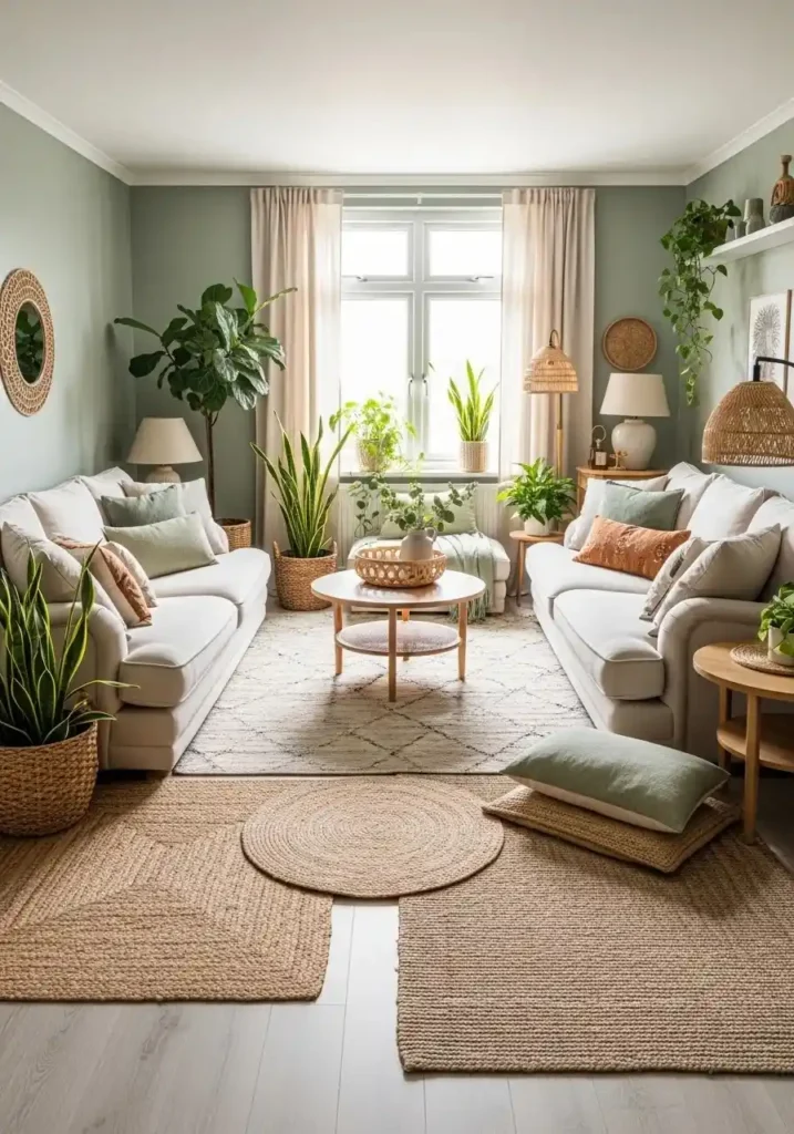 Sage green and cream living room with plants and natural textures.