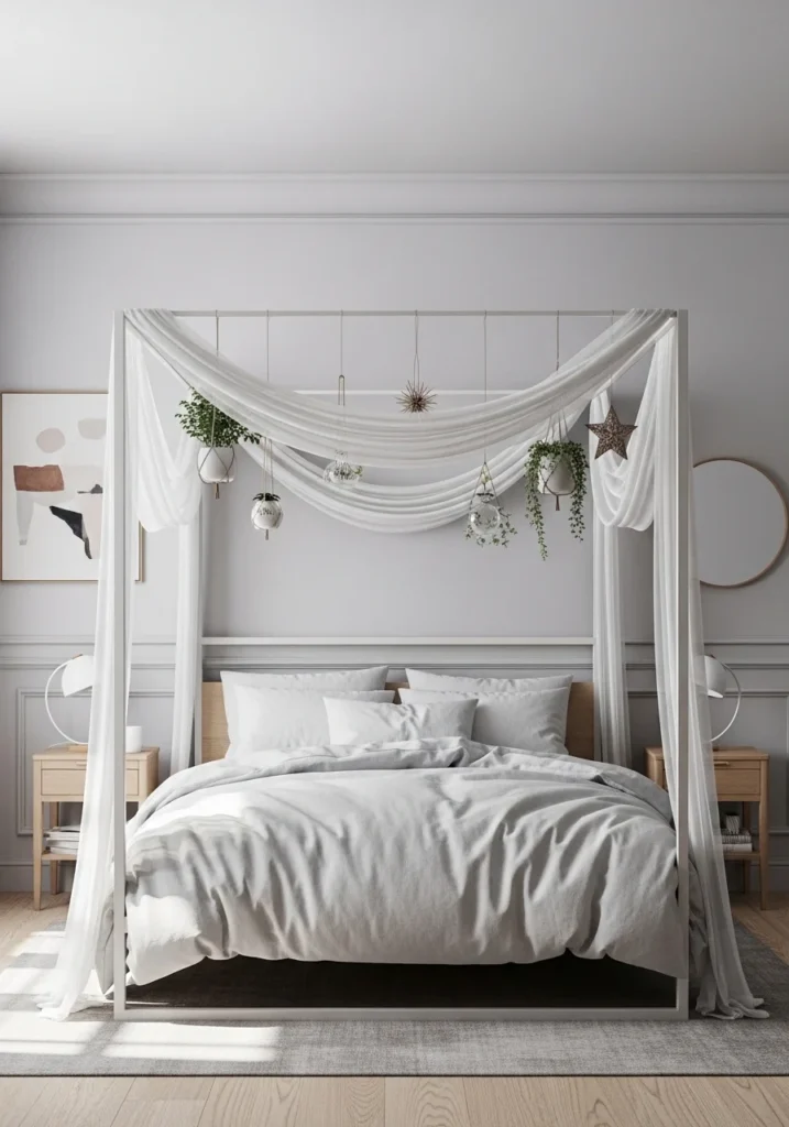 Canopy bed with subtle hanging decorations and light bedding for a personalized bedroom.