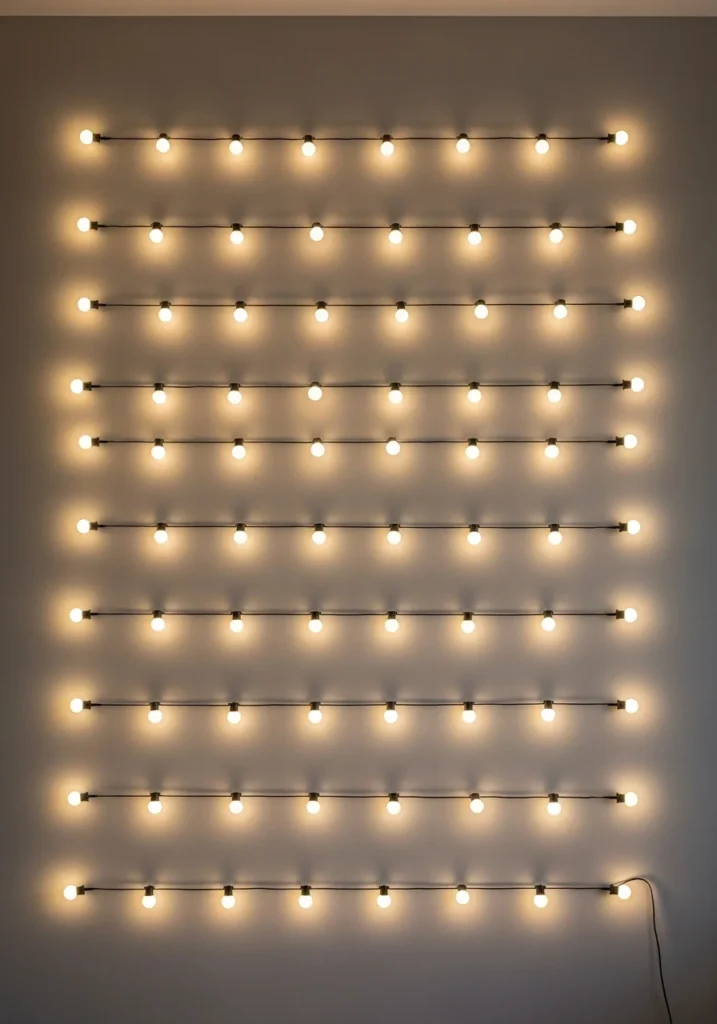 Straight string lights creating a modern minimalist bedroom lighting design