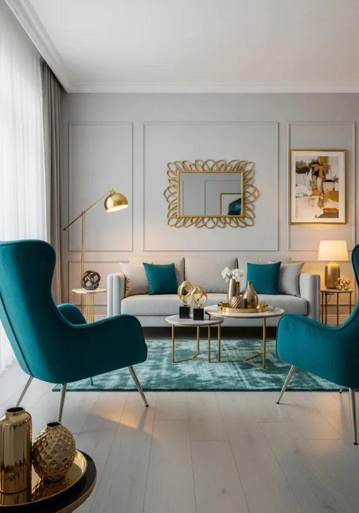 Teal and gray living room with gold accents and modern elegance.