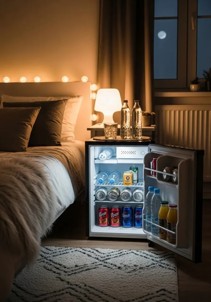 mini fridge bedside hydration station bedroom idea