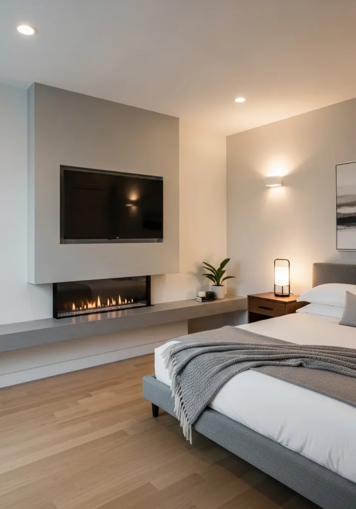 Bedroom TV wall with built-in fireplace modern design