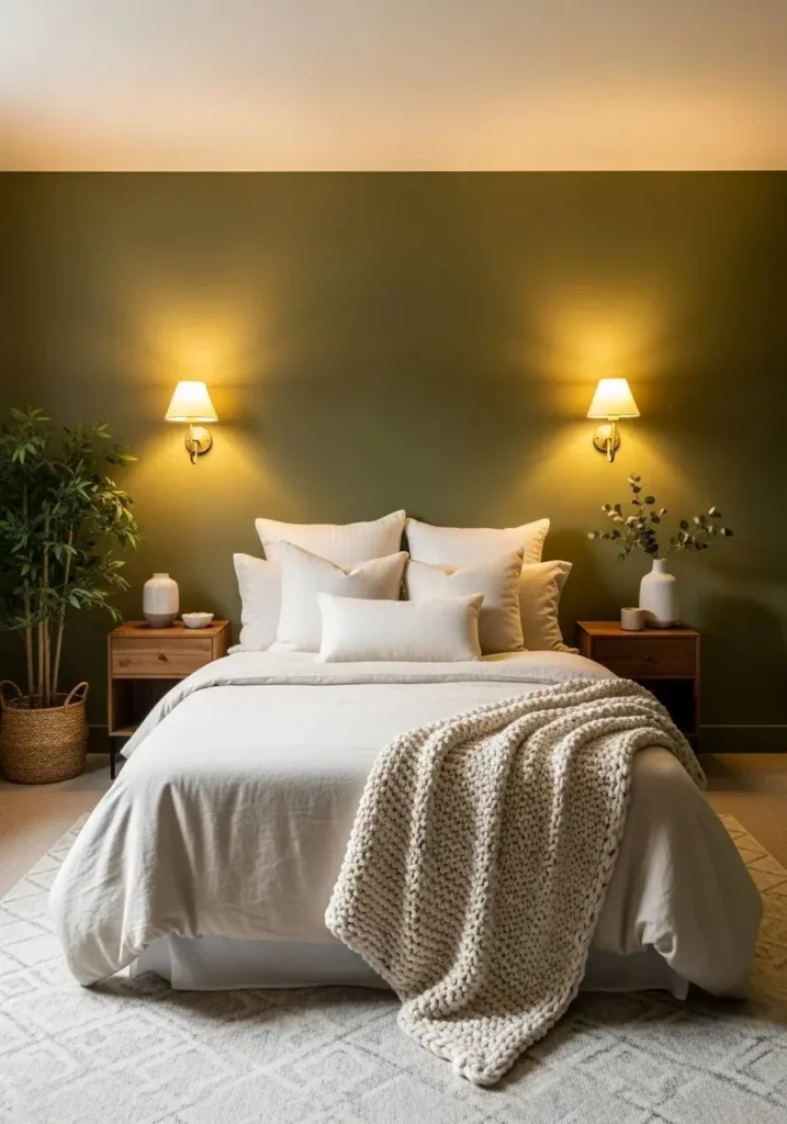 Olive green and cream bedroom creating a sophisticated earthy atmosphere