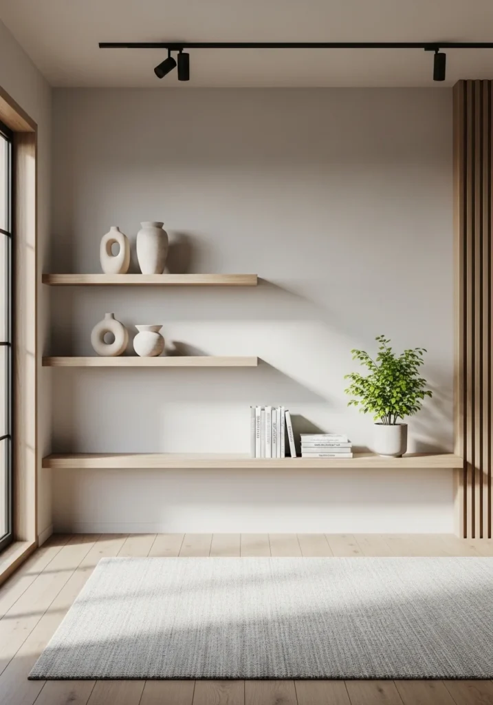 Japandi living room with minimal shelving displaying curated decor items.