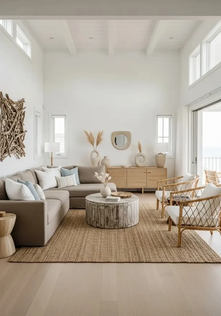 Minimal beach living room layout creating an open and breathable space