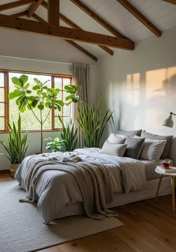 vaulted ceiling bedroom with indoor plants natural decor