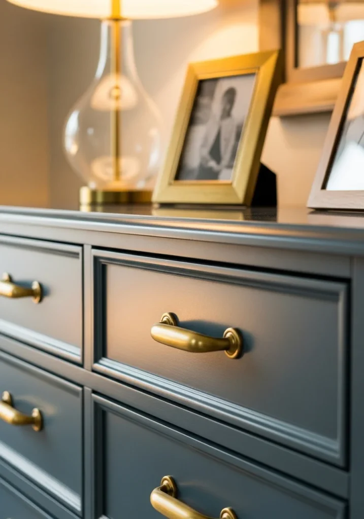 Gold and brass accents on dresser and decor in a french blue bedroom for a touch of elegance