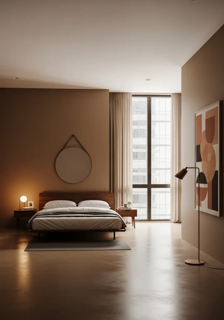 Minimal urban bronze bedroom with clean and uncluttered layout
