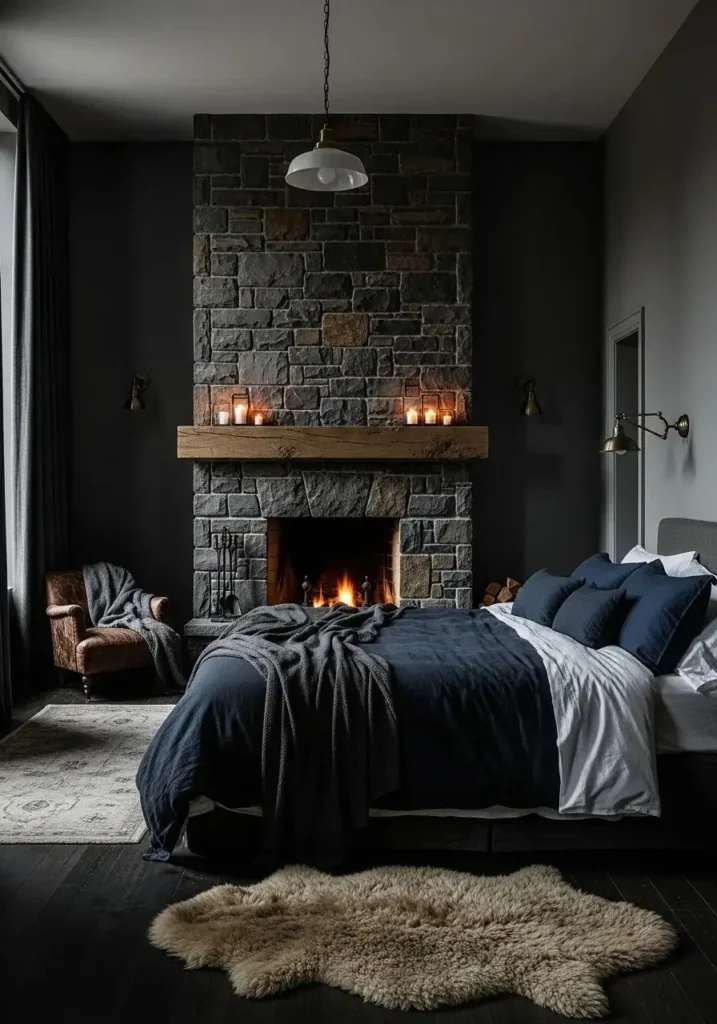 Dark stone fireplace creating moody cozy bedroom vibe