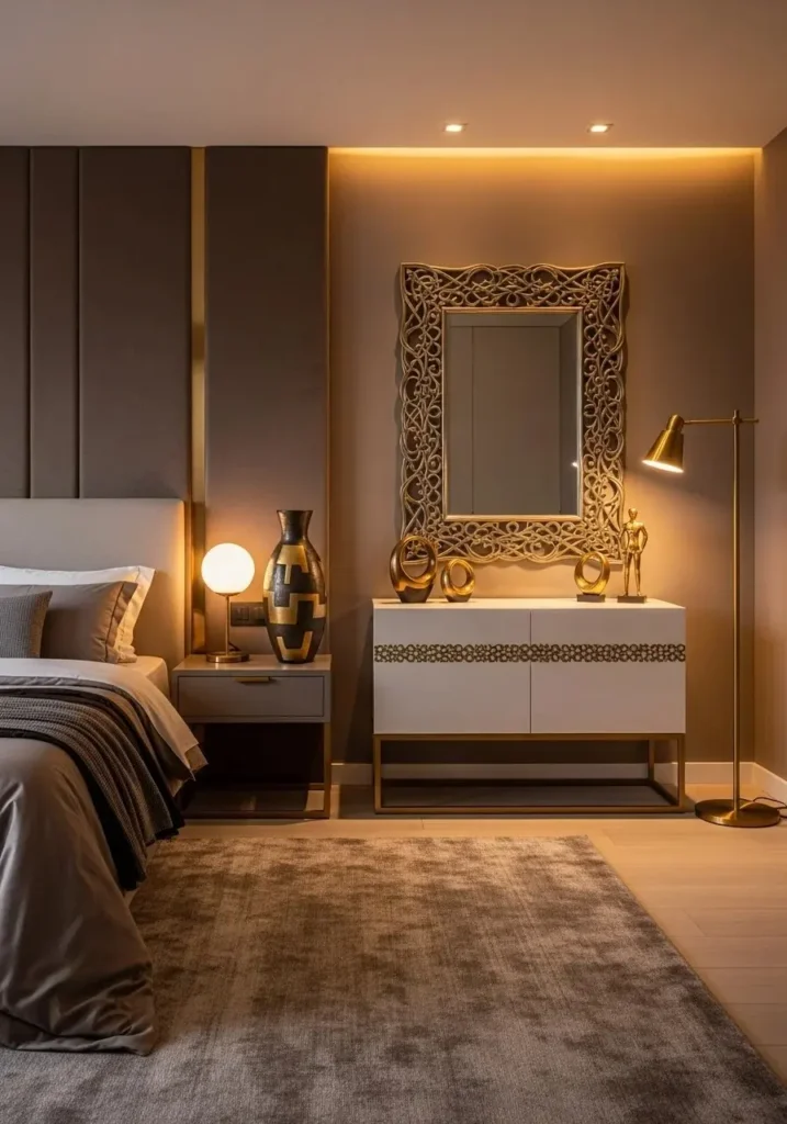 Urban bronze bedroom with metallic brass and gold accents for elegance