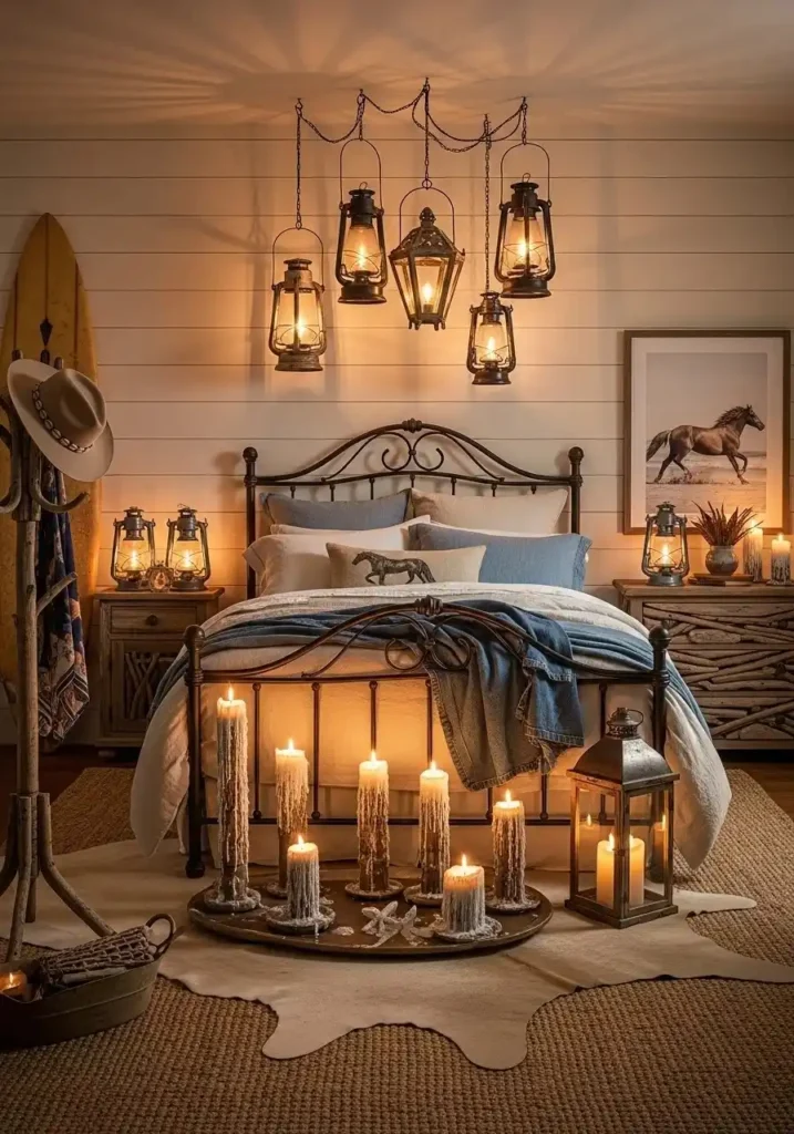 Coastal cowgirl bedroom with vintage lanterns and candleholders creating warm ambiance.