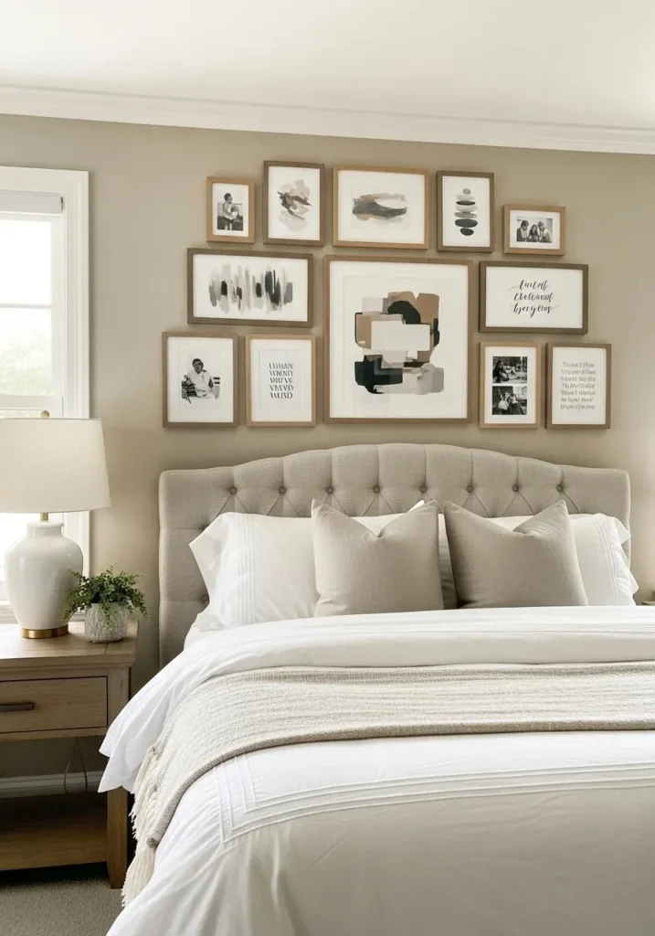Personalized gallery wall with art and photos in a sophisticated grown woman bedroom.